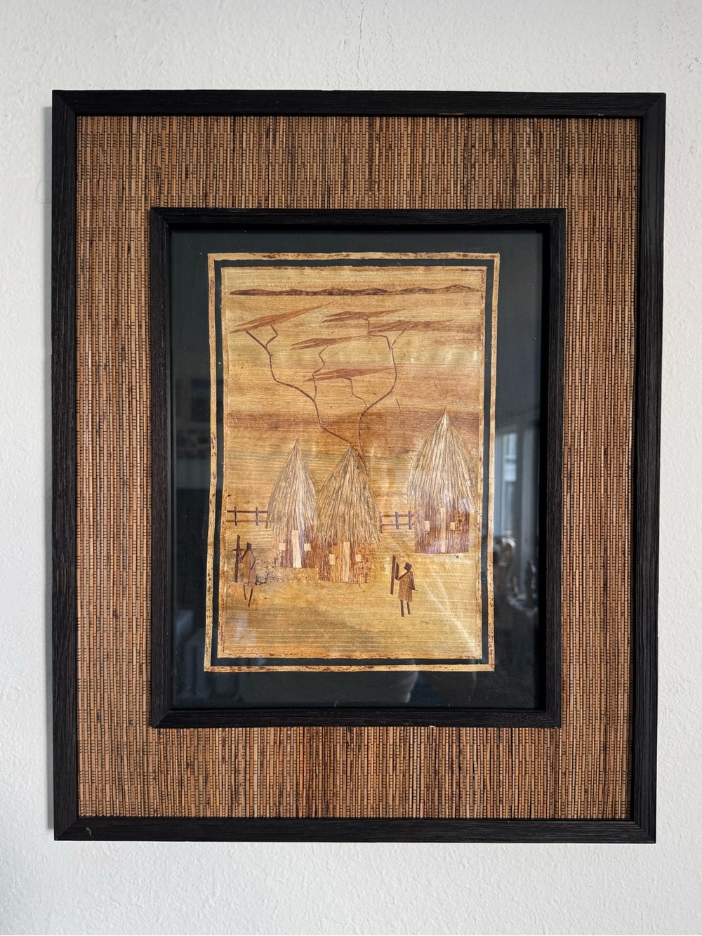 Handmade Aaron Brothers Vintage African Village Scene Dry Banana Leaf Wall Art